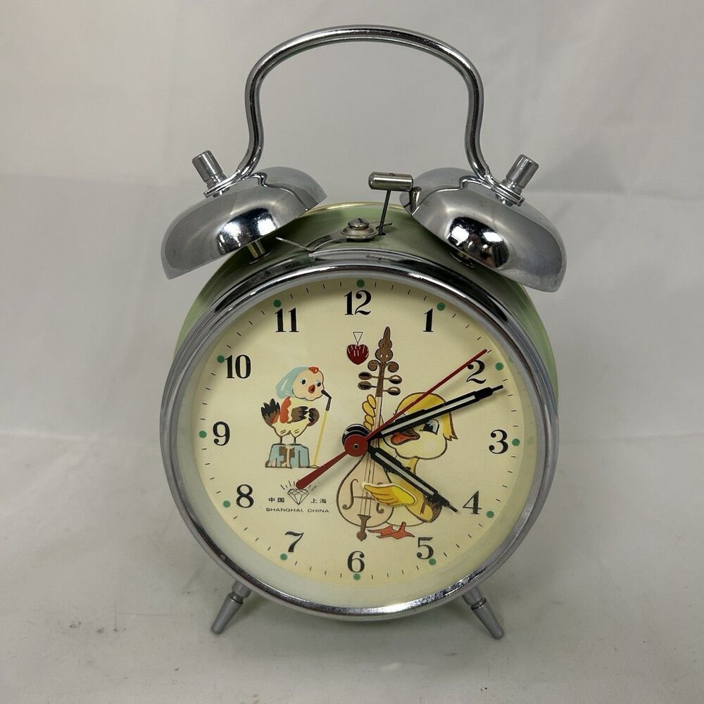 Vintage Diamond Birds Mechanical Alarm Desk Clock Green Enamel Chrome